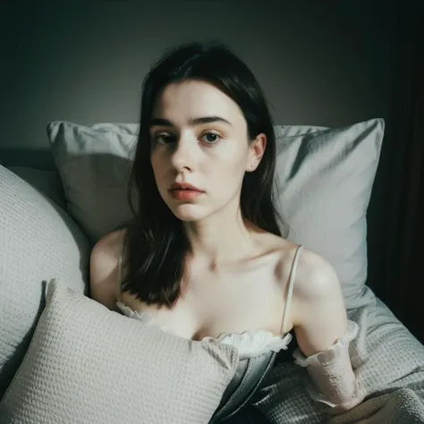 high angle, analog portrait of 1woman, taaarannn wearing corset, beautiful face, face focus, laying, grey pillow, messy hair, pale skin, (night), rembrandt lighting, masterpiece, <lora:isnot.dashataran:1>, <lora:epiNoiseoffset2.Vkot:0.1>, <lora:InsPX2:0.55>