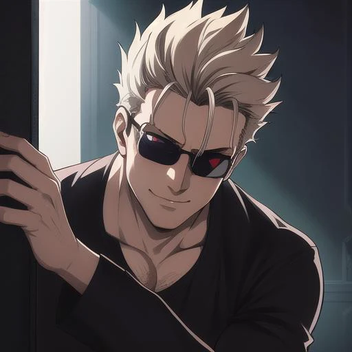 best quality, highres, peeking out upper body, wall, masterpiece, perfect eyes, perfect face, anime, whole body, 4k, 8k, absurd resolution, cinematic lights, Albert Wesker, peeking out upper body, peeking <lora:poseLORAPeekingOut_v10:1.4>, sadistic smile, combed back hair, short hair