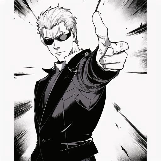 best quality, highres, wall, masterpiece, perfect eyes, perfect face, anime, whole body, 4k, 8k, absurd resolution, cinematic lights, Albert Wesker, combed back hair, short hair, man, full shot, <lora:Finger_gun:1> finger_gun,pointing at viewers,