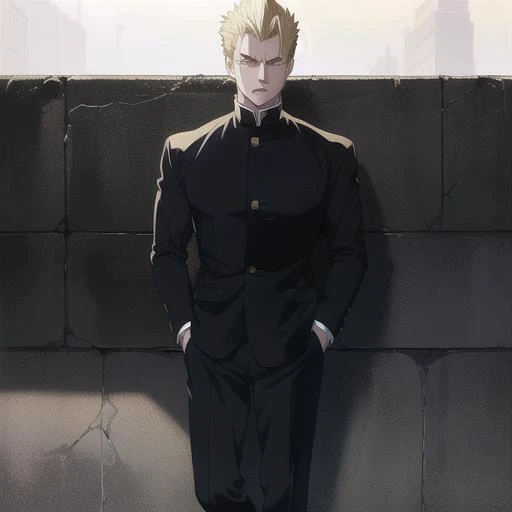 best quality, highres, wall, masterpiece, perfect eyes, perfect face, anime, whole body, 4k, 8k, absurd resolution, cinematic lights, Albert Wesker, combed back hair, short hair, man, full shot, <lora:Gakuran:1> gakuran, wearing the gakuran, golden buttons,