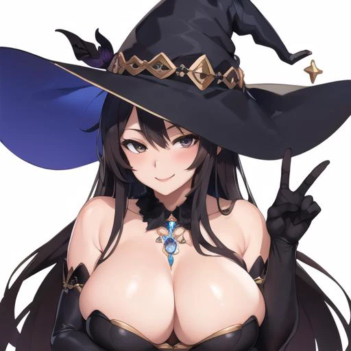 masterpiece, high quality, solo, 1girl, detailed background, witch hat, large breasts, seductive smile, elbow gloves, sexually suggestive,