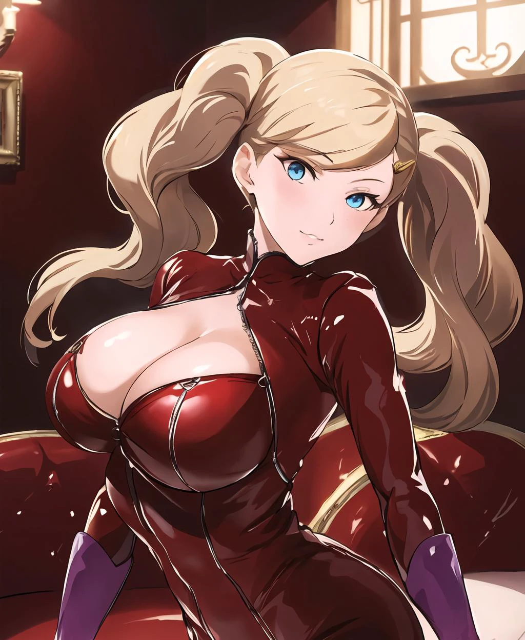 masterpiece, best quality, perfect lighting, detailed background, <lora:Ann Takamaki:0.9>, ann takamaki, twintails, red leather, indoors, colorful, blonde hair,