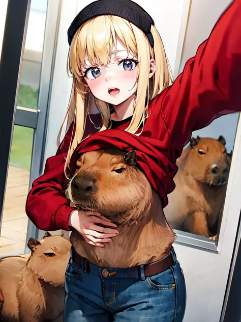 <lora:ClothesLiftSelfieV1:1><lora:capi-09:1>capybara,clothes lift,selfie,