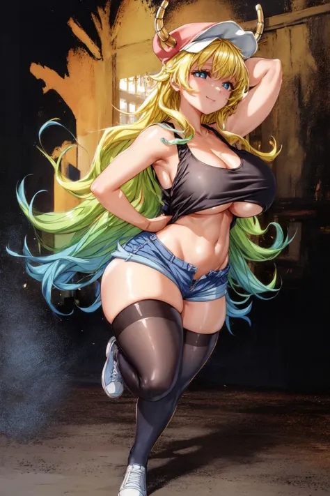 ((masterpiece)), ((best quality)), ((extremely detailed)), (perfect anatomy), illustration, high-res, absurdres, fantasy, prefect lighting, extremely beautiful, 1girl, sole, CasualCL, wearing CasualCL, shorts, tank top, thighhighs, full body, dynamic angle, underboob, perfect loop, looking at viewer, natured, toned, curvaceous, smile, expressionless, detailed eyes description. <lora:LucoaDM:1> <lora:add_detail:1>