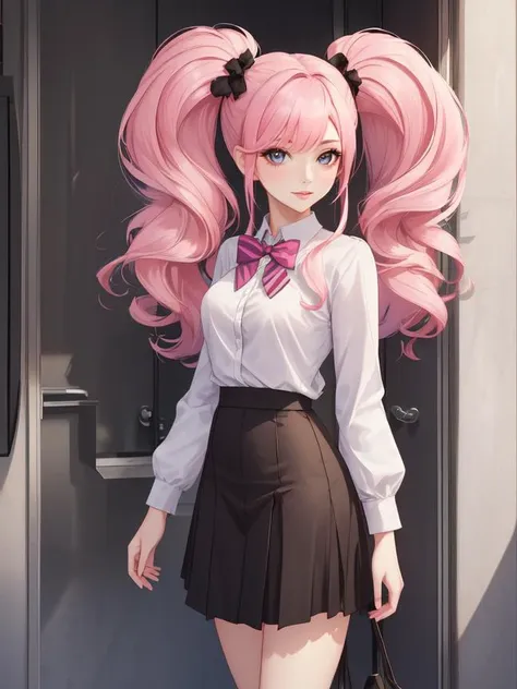 beautiful woman with pink hair (mega twintails) <lora:mega_twintails-2.0:0.8>,
8k, masterpiece, highly detailed, solo,
(School),
side on,
lunging,
happiness,
skirt