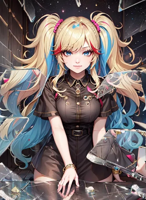 ((best quality)), ((highly detailed)), masterpiece, absurdres, (detailed eyes, deep eyes), (1girl), propped up on one hand gyaru, (((multicolored hair))), ((blonde hair and pink hair and light blue hair)), <lora:mega_twintails-1.1:.8>, mega twintails, big hair, streaked hair, green hair, brown eyes, smiling, jewelry, bracelets, piercings, scrunchies, (outside, stars, galaxies, space, asteroids, space ship, morning, sunrise), <lora:BrokenGlass:.8>, IncrsBrknGls, broken glass, reflection