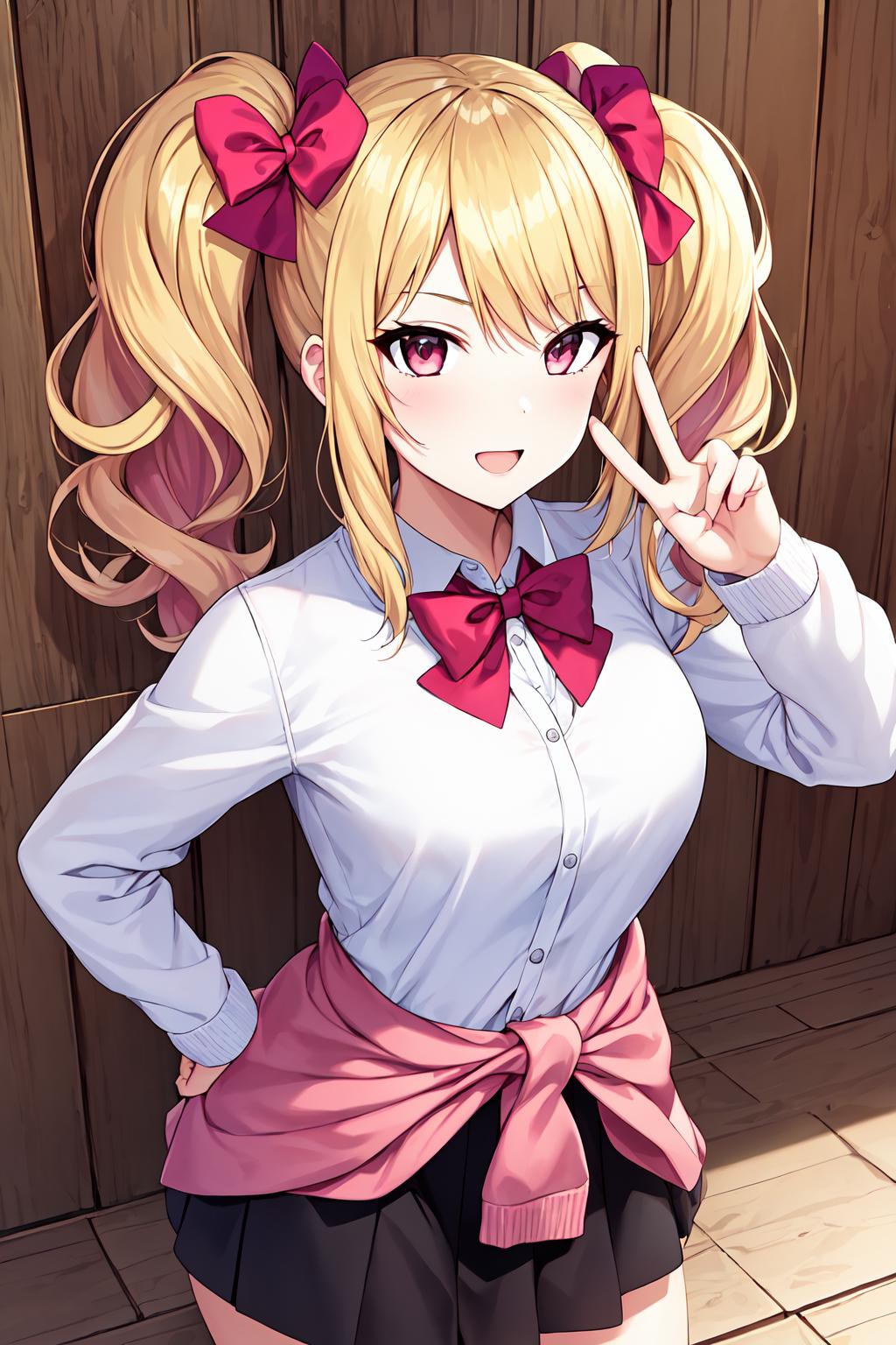 Anime girl with blonde hair and pink bow tie posing for a picture ...