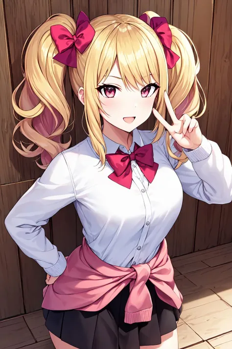1girl, solo, mega twintails, blonde hair, (pink hair bow), big hair, gyaru, posing, sweater around waist, skirt, hair clip, peace sign, XD  <lora:mega_twintails-1.1:0.8>