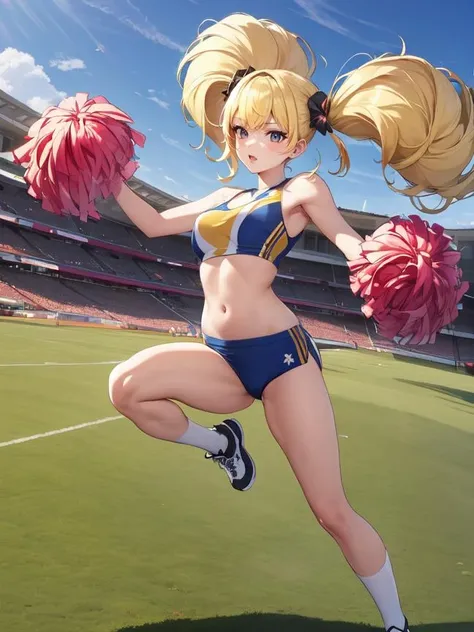 1girl, solo, mega twintails, blonde, cheerleader, \:D, jumping, (big hair), action shot, from below, sports field, sky, looking at camera, <lora:mega_twintails-2.0:0.8>