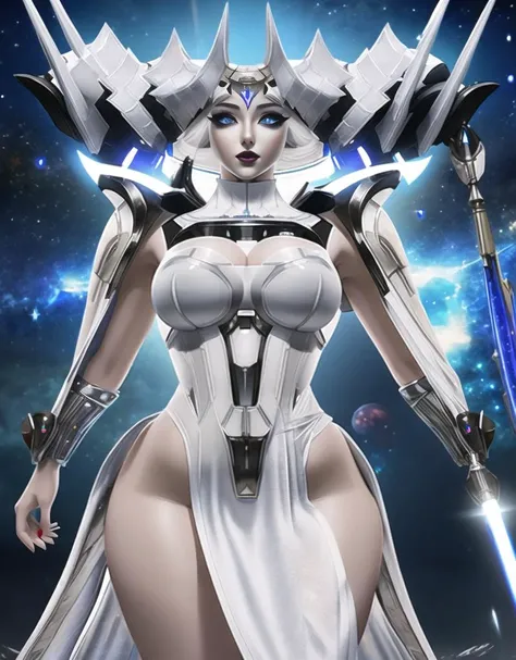 masterpiece, best quality, nsfw, 1girl, solo, brelshaza_tpa, white dress, cape, horn ornament, debris, space, galaxy, nebula, white eyes, glow eyes, cyber arms, planet, hand on hip, highly detailed, armor, absurdres, dslayer, <lora:Brelshaza Kangaxx:0.9>, random action, (sexy_scifi, woman in a silver space costume, wearing sexy_scifi) ,<lora:Cyber_Armor:1>