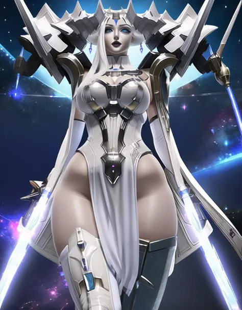 masterpiece, best quality, nsfw, 1girl, solo, brelshaza_tpa, white dress, cape, horn ornament, debris, space, galaxy, nebula, white eyes, glow eyes, planet, hand on hip, highly detailed, armor, absurdres dslayer, <lora:Brelshaza Kangaxx:0.9>, random action, (sexy_scifi, woman in a silver space costume, wearing sexy_scifi) ,<lora:Cyber_Armor:1>