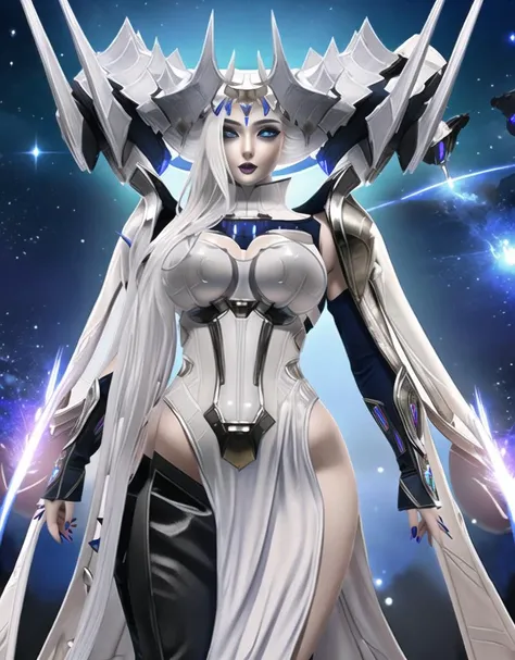 masterpiece, best quality, nsfw, 1girl, solo, brelshaza_tpa, white dress, cape, horn ornament, debris, space, galaxy, nebula, white eyes, glow eyes, planet, hand on hip, highly detailed, armor, absurdres dslayer, <lora:Brelshaza Kangaxx:0.9>, random action, (sexy_scifi, woman in a silver space costume, wearing sexy_scifi) ,<lora:Cyber_Armor:1>