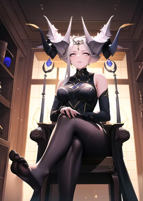 brelshaza_tpa, 1girl, black dress, horn ornament, sitting, chair, crossed legs, feet, from bellow, looking at viewer, dungeon cell, indoors, soft lighting, highly detailed, absurdres, masterpiece, <lora:Brelshaza Kangaxx:0.6>