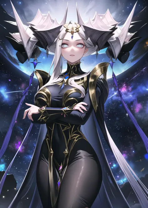 brelshaza_tpa, 1girl, black dress, cape, horn ornament, debris, space, galaxy, nebula, stars, debris, crossed arms, highly detailed, absurdres, masterpiece, <lora:Brelshaza Kangaxx:0.9>