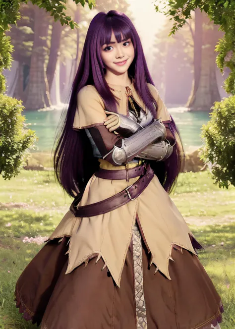 <lora:swordsmanROBetaV1:0.78>,swdro, 1girl, armor, belt, boots, dress, purple hair, purple eye, long hair,
looking at viewer, standing, angry, detailed hand, crossed arms, detailed face, beautiful face,
fantasy background, forest, lake aside, sun, morning,