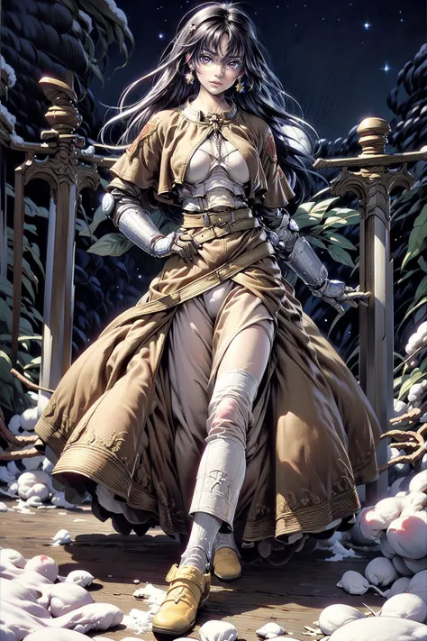 <lora:swordsmanROBetaV1:0.8>, swdro, holding sword,
BREAK((solo, 1girl, adorable girl, young female,cute), (full body:1.3), dynamic angle, dynamic postures, detailed shadow, lightning, (wide view, wide-angle lens)),
BREAK(hair ornament, earrings, cape, armor, belt, boots, dress:1.1, makeup, lipstick, (multicolor black hairs):1.1),
BREAK(perfect(anatomy,body,face,hand,leg,foot)),
BREAK( <lora:Night scene_20230715120543:0.5>, cozy, outdoors, detailed countryside, evening, winter, snow dust, night ,starry star),
BREAK(<lora:more_details:0.5>, extremely detailed, CG, 8k Amazing, finely detail, (masterpiece:2.0, best quality), (intricate details, depth of field)),
(<lora:uber_saggy2:0.5>, saggy, sagging_breasts, huge breasts), <lora:oppai_control_v1.0:1.5>,