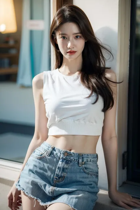 Girl in white bra and tight denim skirt posing for photo, full body, with cropped T-shirt, bra, slim body, smaller bust, slim girl model, 24-year-old female model, lying on the construction site, a group of black men onlooking