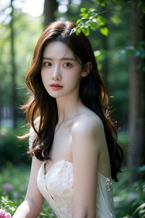 (realistic), (hyperrealism),best quality, masterpiece,ultra high res, (photorealistic:1.4),1girl,pale skin,skinny,(looking at viewer:2), <lora:add_detail:0.6>,forest, flowers, sunlight,
<lora:makina69_yoona_v1.0:1> , (tattered) wedding dress , bare shoulders, upper body,