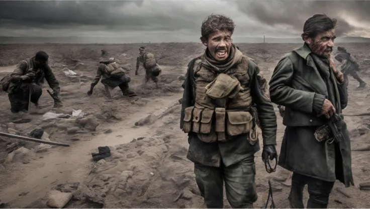 wide-shot, action, war photography of (TwinRealms:1), (wwone:1) "A soldier's face reflects the haunting reality of war", "The aftermath of a bombing, captured in a single frame", "Civilians flee from the destruction of their city", "The fear and desperation of a war-torn society", "The scars of war etched into the landscape"