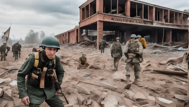 wide-shot, action, war photography of (wwone:1), (TwinRealms:1) "A soldier's face reflects the haunting reality of war", "The aftermath of a bombing, captured in a single frame", "The bravery of war journalists, capturing the truth", "Civilians flee from the destruction of their city", "The fear and desperation of a war-torn society", "The toll of war on the human spirit", "The unspoken story behind every war photograph", "The scars of war etched into the landscape", "The search for hope in the chaos of conflict", "The power of a single image to inspire change"
