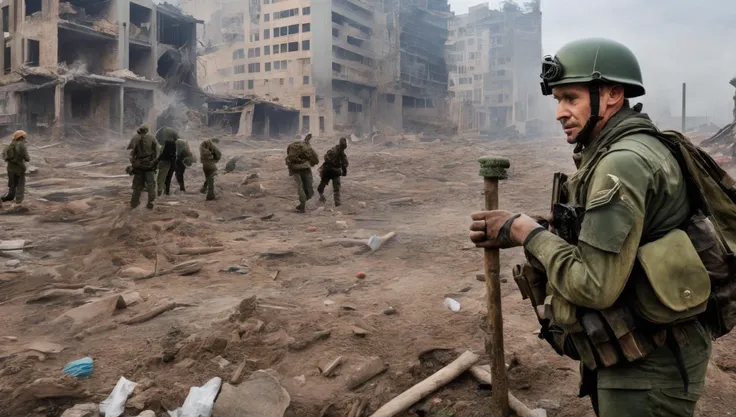 wide-shot, action, war photography of (wwone:1), (TwinRealms:1) "A soldier's face reflects the haunting reality of war", "The aftermath of a bombing, captured in a single frame", "The bravery of war journalists, capturing the truth", "Civilians flee from the destruction of their city", "The fear and desperation of a war-torn society", "The toll of war on the human spirit", "The unspoken story behind every war photograph", "The scars of war etched into the landscape", "The search for hope in the chaos of conflict", "The power of a single image to inspire change"