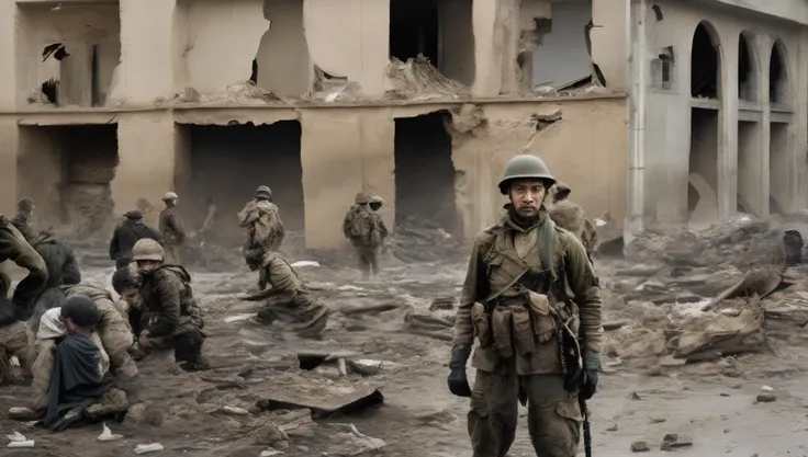 wide-shot, action, war photography of (TwinRealms:1), (wwone:1) "A soldier's face reflects the haunting reality of war", "The aftermath of a bombing, captured in a single frame", "Civilians flee from the destruction of their city", "The fear and desperation of a war-torn society", "The scars of war etched into the landscape"
