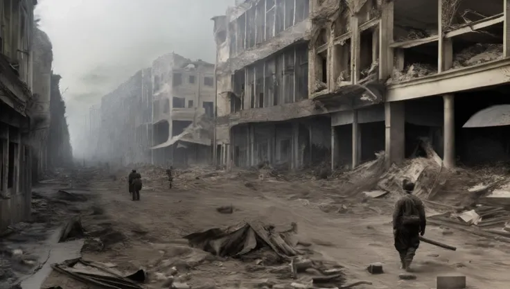 wide-shot, action, war photography of (TwinRealms:1), (wwone:1) "A soldier's face reflects the haunting reality of war", "The aftermath of a bombing, captured in a single frame", "Civilians flee from the destruction of their city", "The fear and desperation of a war-torn society", "The scars of war etched into the landscape"