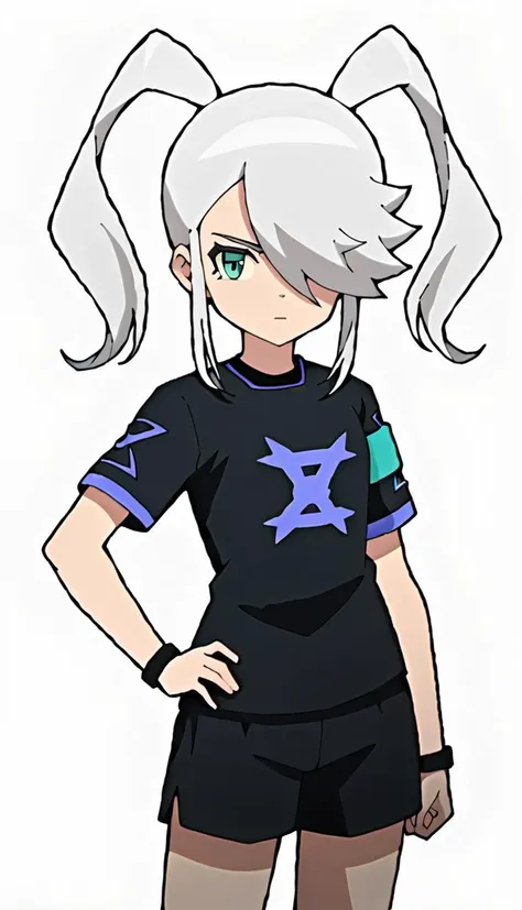 score_9, score_8_up, score_7_up, score_6_up, score_5_up, score_4_up, BREAK source_anime, white background, 1girl, yurika beor, white hair, hair over one eye, twintails, green eyes, pose, hand on own hip, expressionless, looking at viewer, black shorts,<lora:Yurika_Beor:0.8>