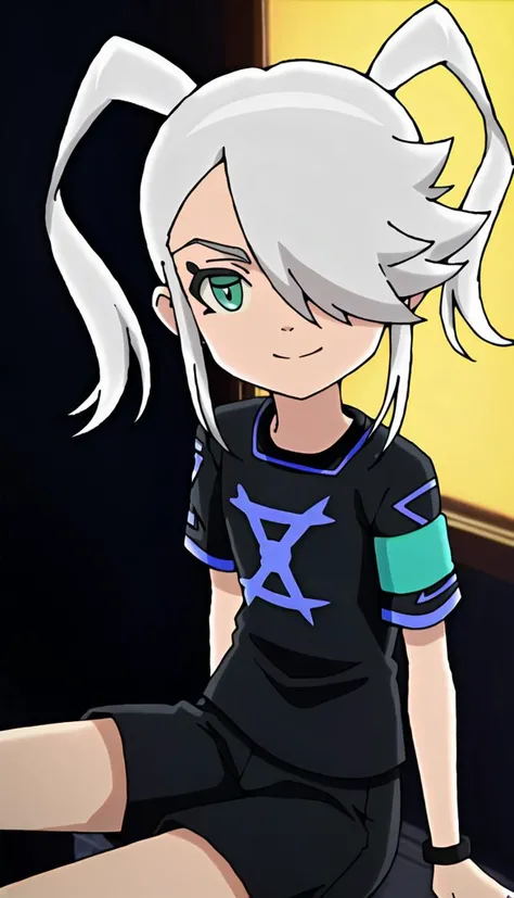 score_9, score_8_up, score_7_up, score_6_up, score_5_up, score_4_up, BREAK source_anime, 1girl, yurika beor, white hair, hair over one eye, twintails, green eyes, black shorts, looking at viewer, sitting, wariza, smile, <lora:Yurika_Beor:0.8>