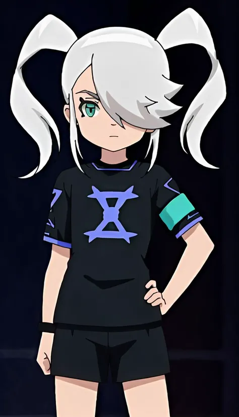 score_9, score_8_up, score_7_up, score_6_up, score_5_up, score_4_up, BREAK source_anime, white background, 1girl, yurika beor, white hair, hair over one eye, twintails, green eyes, hand on own hip, expressionless, looking at viewer, <lora:Yurika_Beor:1>