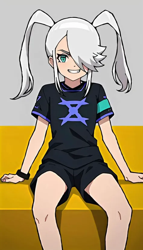 score_9, score_8_up, score_7_up, score_6_up, score_5_up, score_4_up, BREAK source_anime, 1girl, yurika beor, white hair, hair over one eye, twintails, green eyes, evil grin, pose, black shorts, sitting, looking at viewer, <lora:Yurika_Beor:0.8>