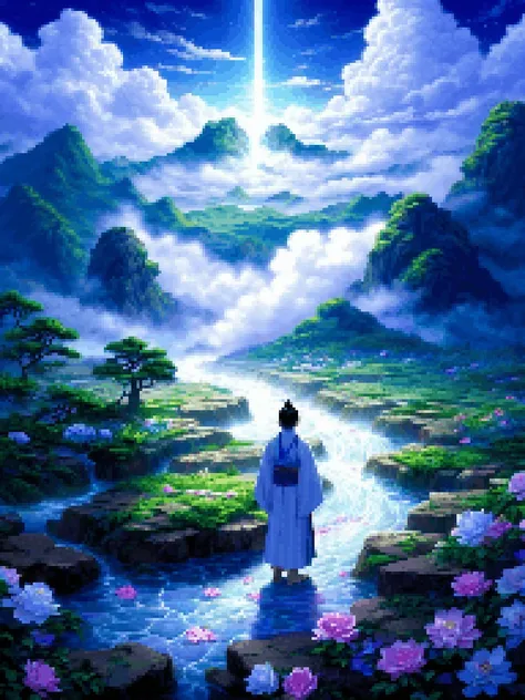 It was dark in the distance,but there was a soft light coming from the distance. The dense spiritual energy rippled,and the flowing clouds were like waves. This place was unusually sacred. Fallen flowers were colorful. Crystal petals fell from this place where holy light flowed. They carried a fragrant fragrance and bursts of vitality. Apart from this,pure white immortal qi spread out and surrounded the place. Shi Hao stood still. It was as if he had heard the sigh of a true immortal. It was as if he had experienced a hundred generations of reincarnation. It was as if he had seen the ancient changes of immortals. He remained still <lora:pxx4_v1_alpha:1> pixel art