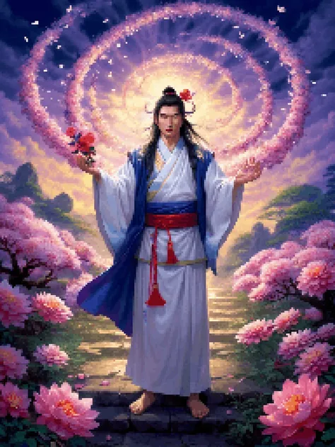 It was dark in the distance,but there was a soft light coming from the distance. The dense spiritual energy rippled,and the flowing clouds were like waves. This place was unusually sacred. Fallen flowers were colorful. Crystal petals fell from this place where holy light flowed. They carried a fragrant fragrance and bursts of vitality. Apart from this,pure white immortal qi spread out and surrounded the place. Shi Hao stood still. It was as if he had heard the sigh of a true immortal. It was as if he had experienced a hundred generations of reincarnation. It was as if he had seen the ancient changes of immortals. He remained still <lora:pxx4_v1_alpha:1> pixel art