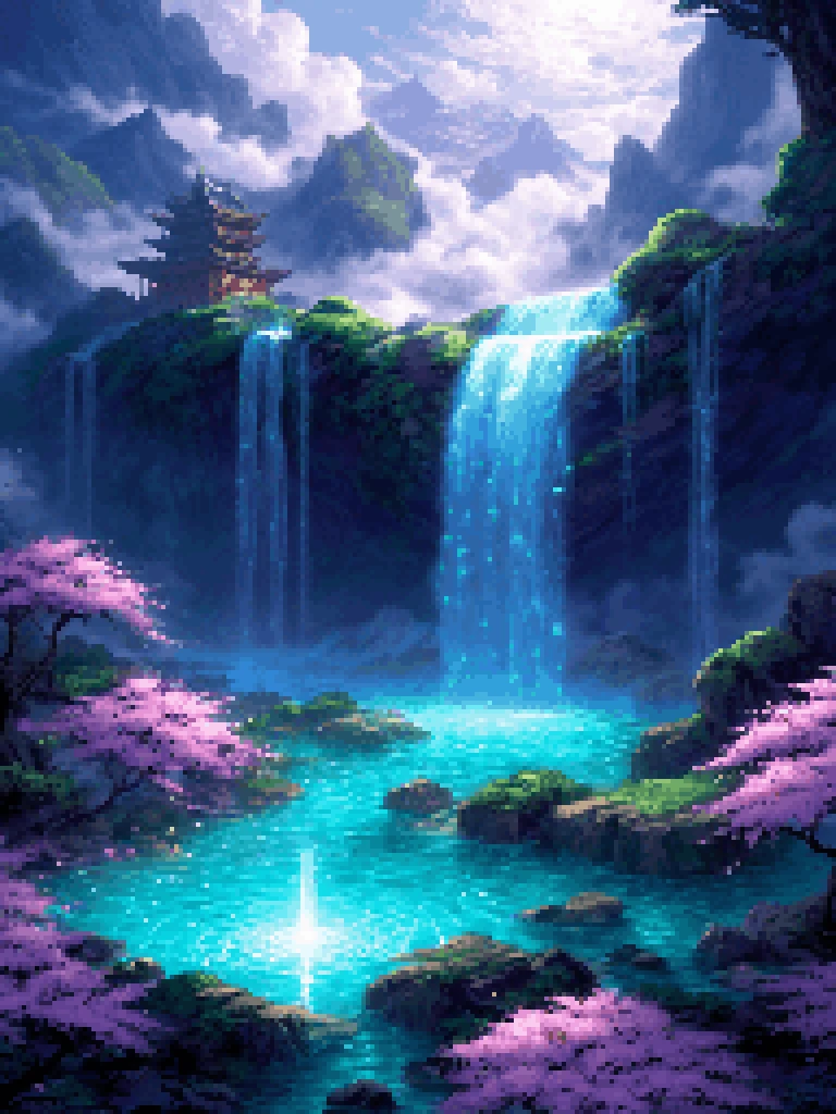 It was dark in the distance,but there was a soft light coming from the distance. The dense spiritual energy rippled,and the flowing clouds were like waves. This place was unusually sacred. Fallen flowers were colorful. Crystal petals fell from this place where holy light flowed. They carried a fragrant fragrance and bursts of vitality. Apart from this,pure white immortal qi spread out and surrounded the place. Shi Hao stood still. It was as if he had heard the sigh of a true immortal. It was as if he had experienced a hundred generations of reincarnation. It was as if he had seen the ancient changes of immortals. He remained still <lora:pxx4_v1_alpha:1> pixel art
