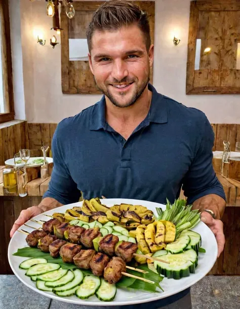 iphone photo a Austrian man carries a dinner of kebabs with a sliced cucumber garnish, fried plantain and leeks on a plate on a platter with a (merry:1.2) expression, sharp background, clearly defined facial features, perfect hands . large depth of field, deep depth of field, highly detailed, a Austrian man carries a dinner of kebabs with a sliced cucumber garnish, fried plantain and leeks on a plate on a platter with a (merry:1.2) expression, sharp background, clearly defined facial features, perfect hands, ambient light, gorgeous atmosphere, intricate, elegant, confident, deep complimentary colors, stunning, highly detailed