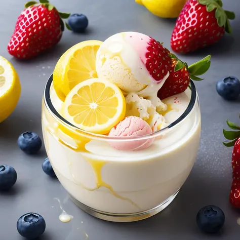 a lemon with a splash of milk on it, lemon, berries dripping, lemon ice cream, lemon granules, fight with strawberries, realistic jelly splashes, long lemon , transparent goo, liquid interface, lemon embellishment, strawberries, goo, berries dripping juice, a full-color airbrushed, berry juice drips