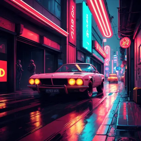 Anime Car in the Night in the Rain, Cyberpunk Art Style, Art Deco Beyond Anime Aesthetics, Dammanford. 8 k octane rendering, cyberpunk themed art, cyberpunk art style, masterpiece epic retro wave art, Dammanford. octane rendering, epic retro wave art, cyberpunk atmosphere, cyberpunk garage on Jupiter, cyberpunk anime art, tall buildings, neon lights, cyberpunk cars, illustrations