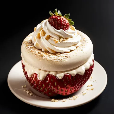 food, black background,simple background,masterpiece, high quality, best quality, strawberries with cream, foodphoto, <lora:foodphoto:0.6>