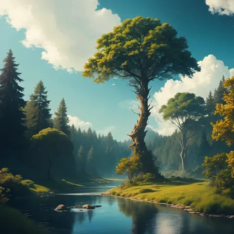 Illustration of a hyperrealistic , otherworldly, ultrasky scene featuring a giant crystal tree full body,very detailed and magical lighting, intricate forest details, vegetation and river around, solarpunk ,landscape, giant tree, beatifull leafy with beautiful lighting and realistic proportions, as if it were a cinematic background, 8k, highest quality, masterpiece, clouds and stars in the sky.