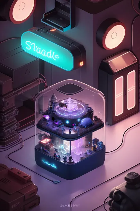 iunderwater space city submarine,steam,blue purple neon,a miniature, Chris LaBrooy, detailed illustration, microverse_creator <lora:microverse_creator:0.65>,cyberpunk style,