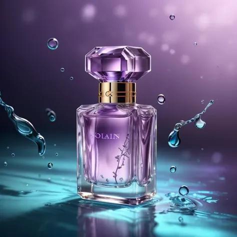 (8k, RAW photo, best quality, masterpiece:1.2),(realistic, photo-realistic:1.37),perfume,(shiny background:1.2),purple theme,water surface, solo focus,Product Feature, <lora:product_design_v3:0.5>