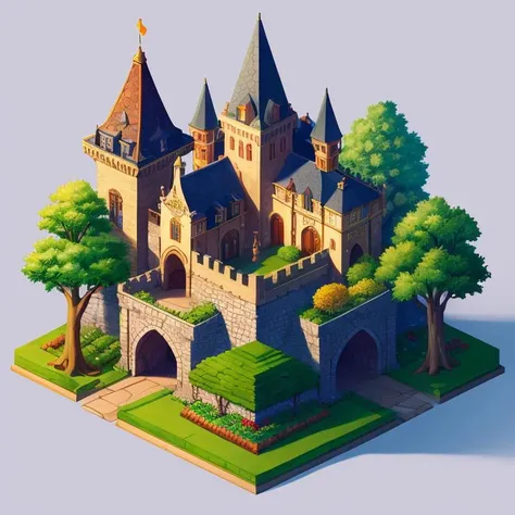 isometric illustrationï¼Medieval Mysterious Castleï¼in royal gardenï¼(more tree:1.2),intricate detailing,masterpiece,