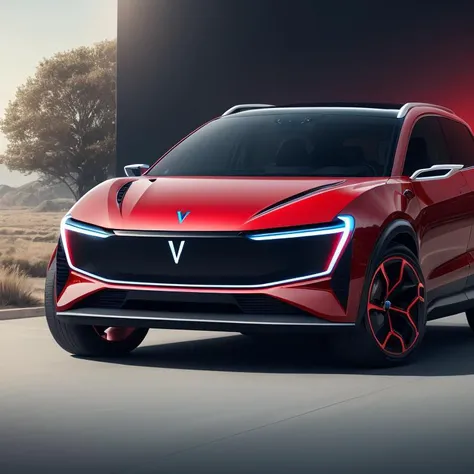 1 car,small,simple,red,concept SUV,year 2040,(aesthetic background:1.2),front 45 degree view,((ev)),cybertech,future,sporty,masterpiece,4k,high quality,highly detailed,ultra realistic,photographic reality,