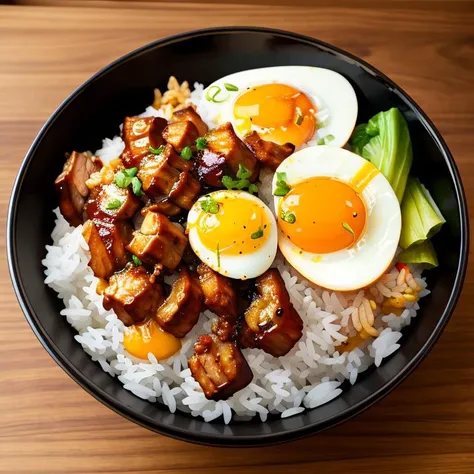 a bowl of braised pork rice, egg, vegetable, ((masterpiece)),illustration,high detail, soft lighting, delicious, colorful, aesthetically pleasing, studio lighting, trending <lora:CommonTaiwaneseFood_24:0.8>