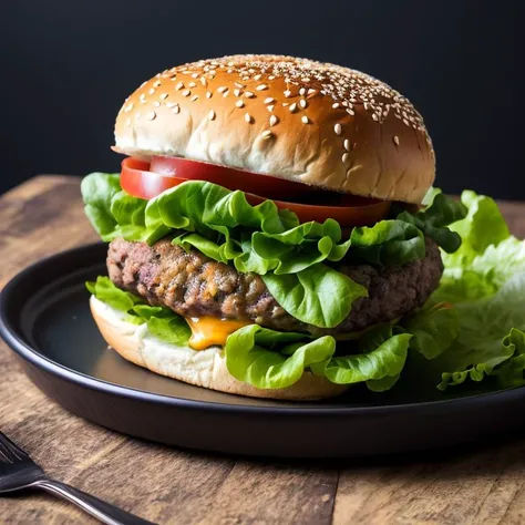 masterpiece:1.2), (best quality), (ultra detailed), (8k, 4k, intricate),(highly detailed:1.2), (detailed background),detailed landscape, ((portrait)), <lora:more_details:0.5> <lora:food:0.7>foodstyle,simple background, food, black background, plate, realistic, burger, meat, food focus, cheese, still life, lettuce