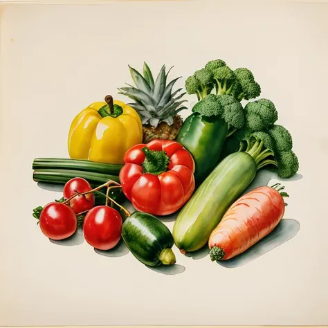 master piece,high quality,vintage watercolor,illustration,cute,stuffed animal,Various vegetables and fruits, still life,no humans, <lora:ãç»æ¬æç»ãæ°´å½©é£æ ¼æç» ç»æ¬æäº å¨ç©ä¸»é¢_v1.0:0.8>