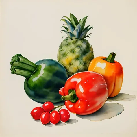 master piece,high quality,vintage watercolor,illustration,cute,stuffed animal,Various vegetables and fruits, still life,no humans, <lora:ãç»æ¬æç»ãæ°´å½©é£æ ¼æç» ç»æ¬æ
äº å¨ç©ä¸»é¢_v1.0:1>