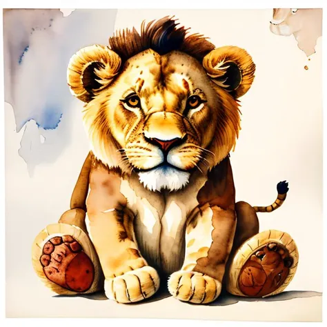 master piece,high quality,vintage watercolor,illustration,cute,stuffed animal,lion, still life,no humans, <lora:ãç»æ¬æç»ãæ°´å½©é£æ ¼æç» ç»æ¬æäº å¨ç©ä¸»é¢_v1.0:0.8>