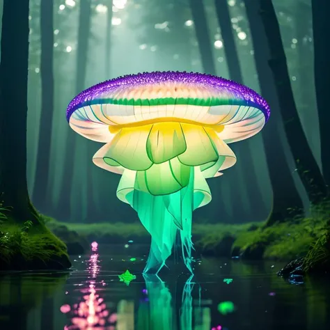 master piece,high quality,Luminous jellyfish,in the forest,at night,white and rainbow light,J_origami,<lora:J_origami:0.8>,