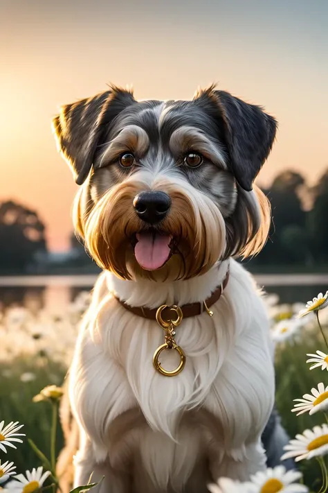 Dreamy Pet Portrait photo of a Cute Schnauzer Dog, with twinkling eyes that could melt hearts, lounging in a field of daisies, its fur catching the gentle breeze, a delighted tongue peeking out as it gazes into the distance, framed against a backdrop of a serene lakeside sunset, bathed in the warm, golden hues of the fading day, captured from a low angle to capture the dog's endearing charm, using a high-quality digital camera to ensure every adorable detail, in the style of Annie Leibovitz